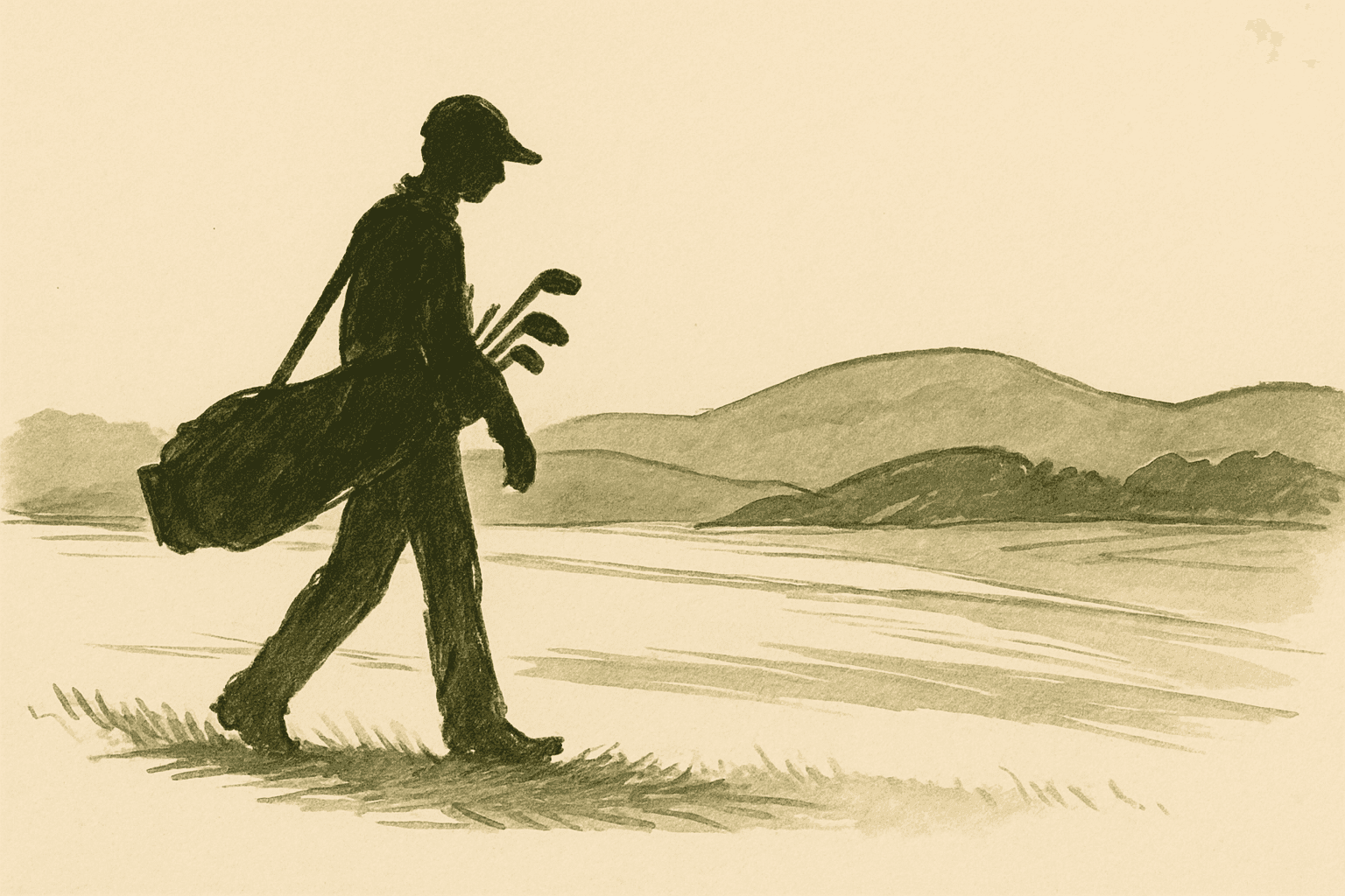 A caddie's silhouette walking the fairway with a golf bag
