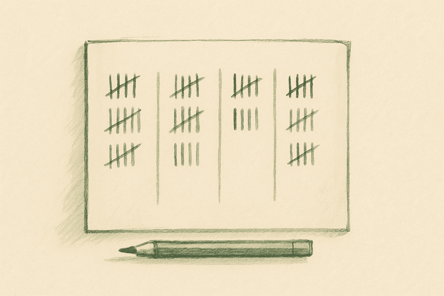 A handwritten tally sheet with four columns of pencil marks and a golf pencil resting across it