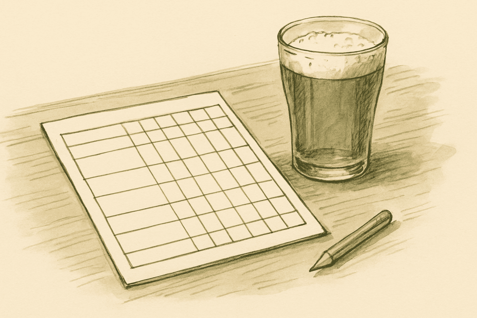A clean paper scorecard with a pencil on a wooden table