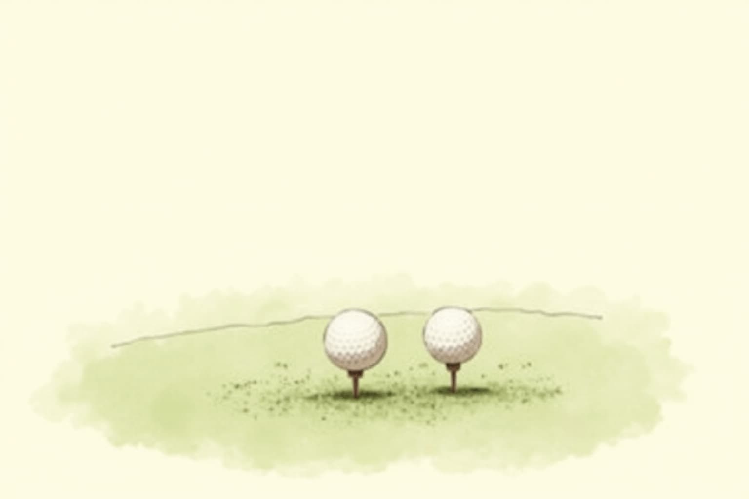 Four golf balls clustered tightly on a fairway, one slightly raised on a tee