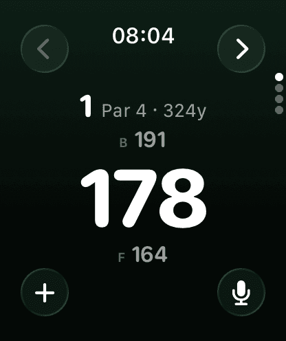 Chalk on Apple Watch, hole 1, par 4, 324 yards: 178 to the centre of the green, 191 to the back and 164 to the front