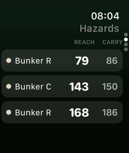 Chalk on Apple Watch listing three bunkers with the distance to reach and to carry each one