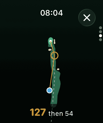 Chalk on Apple Watch showing a map of the hole with a target placed on the fairway, 127 yards to the target then 54 to the green