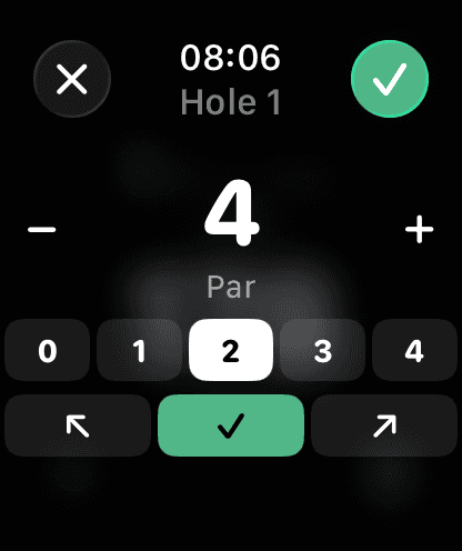 Chalk on Apple Watch score entry for hole 1: a score of 4, par, two putts and fairway hit