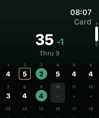 Chalk on Apple Watch scorecard showing 35, one under par, through nine holes