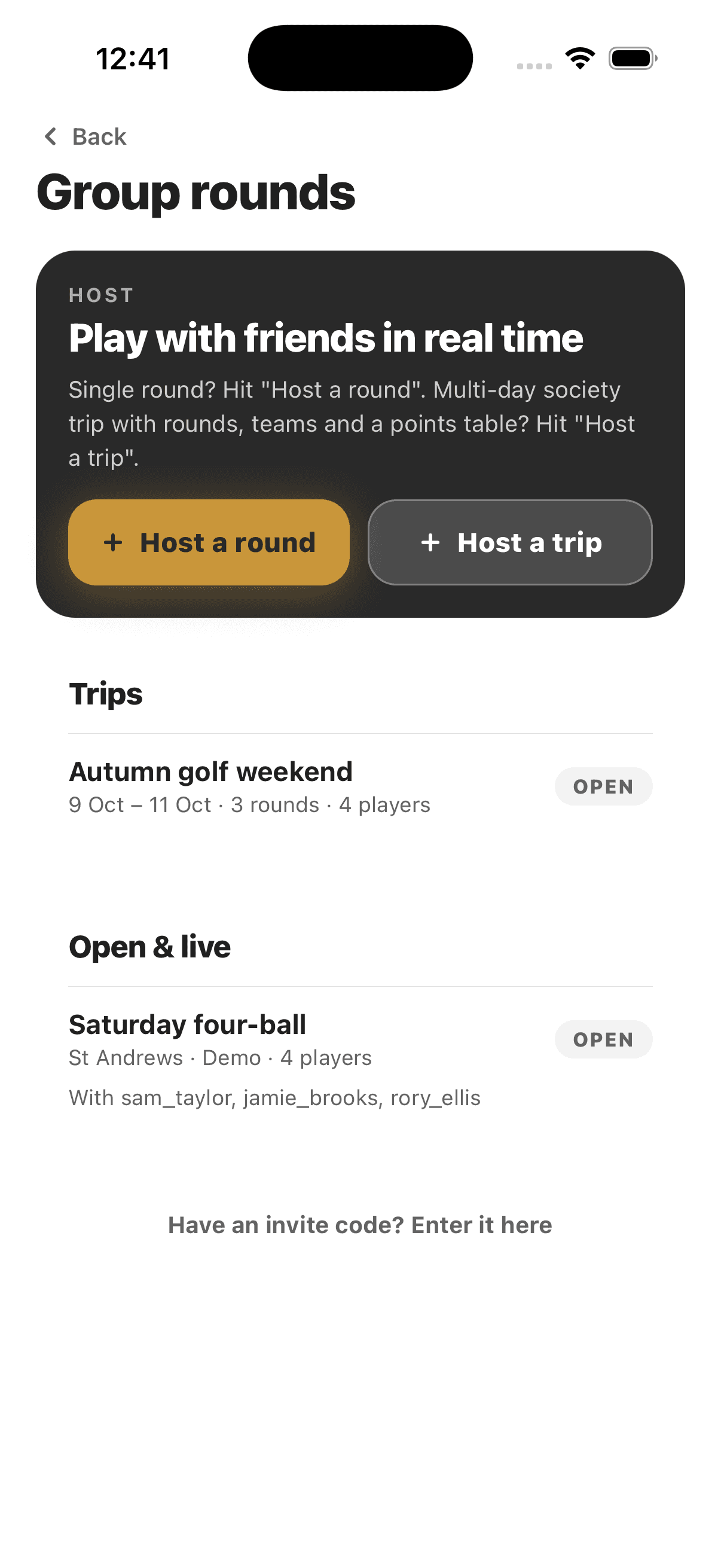 Chalk group rounds screen with options to host a round or trip and join by invite code