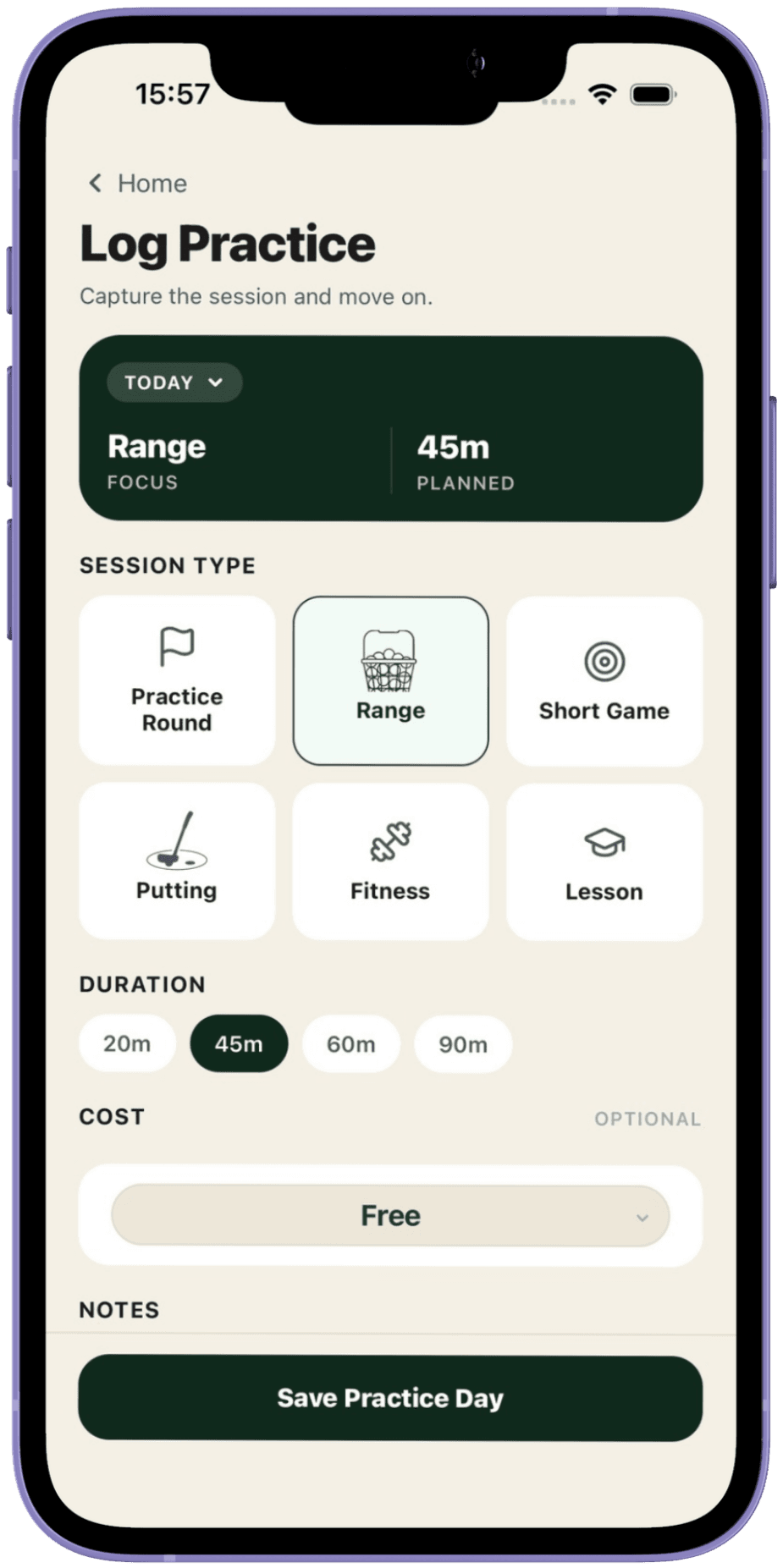 Chalk practice log showing range, short game, putting, session duration and notes