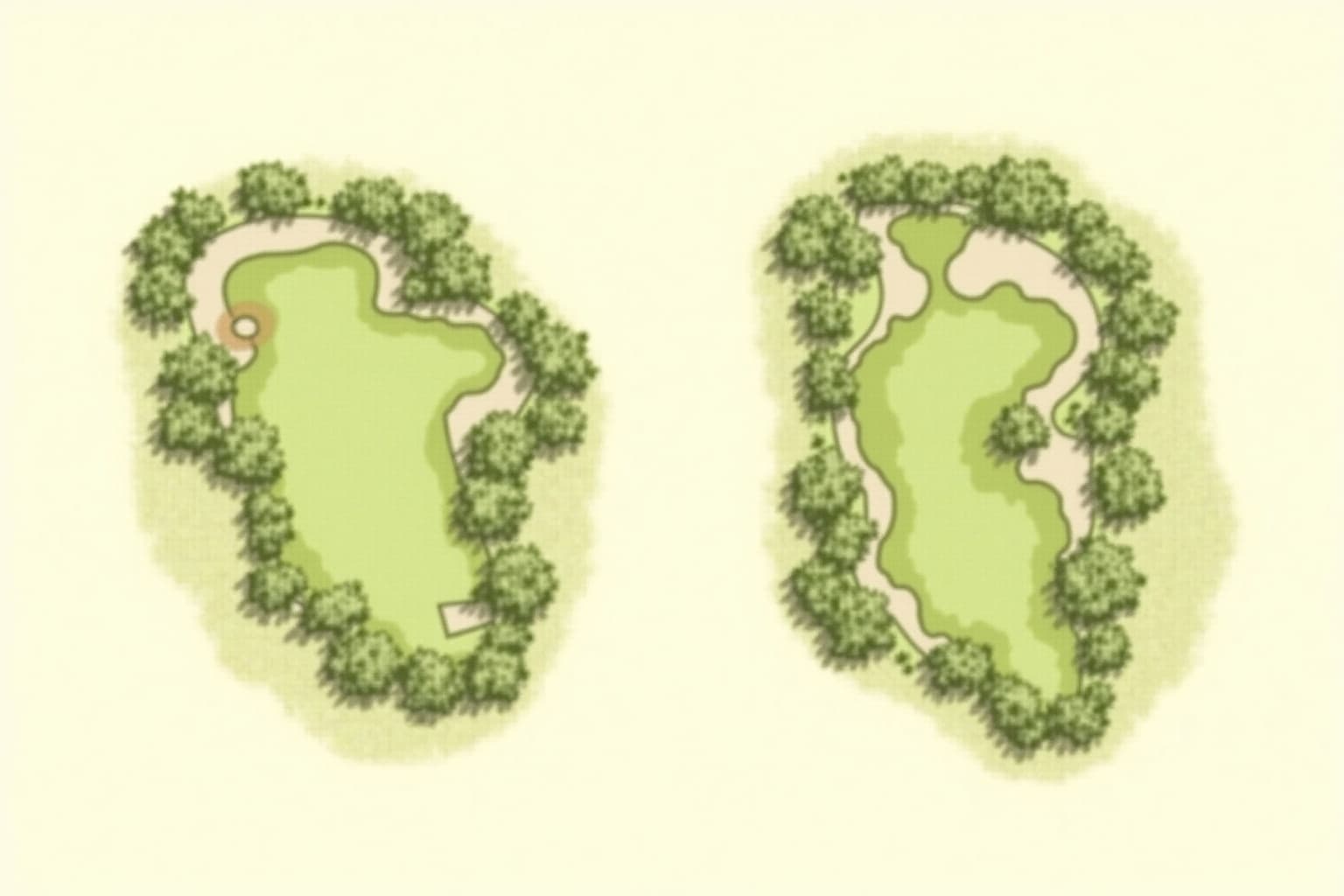 Two small hand-drawn golf course maps side by side, one flat, one steeply sloped