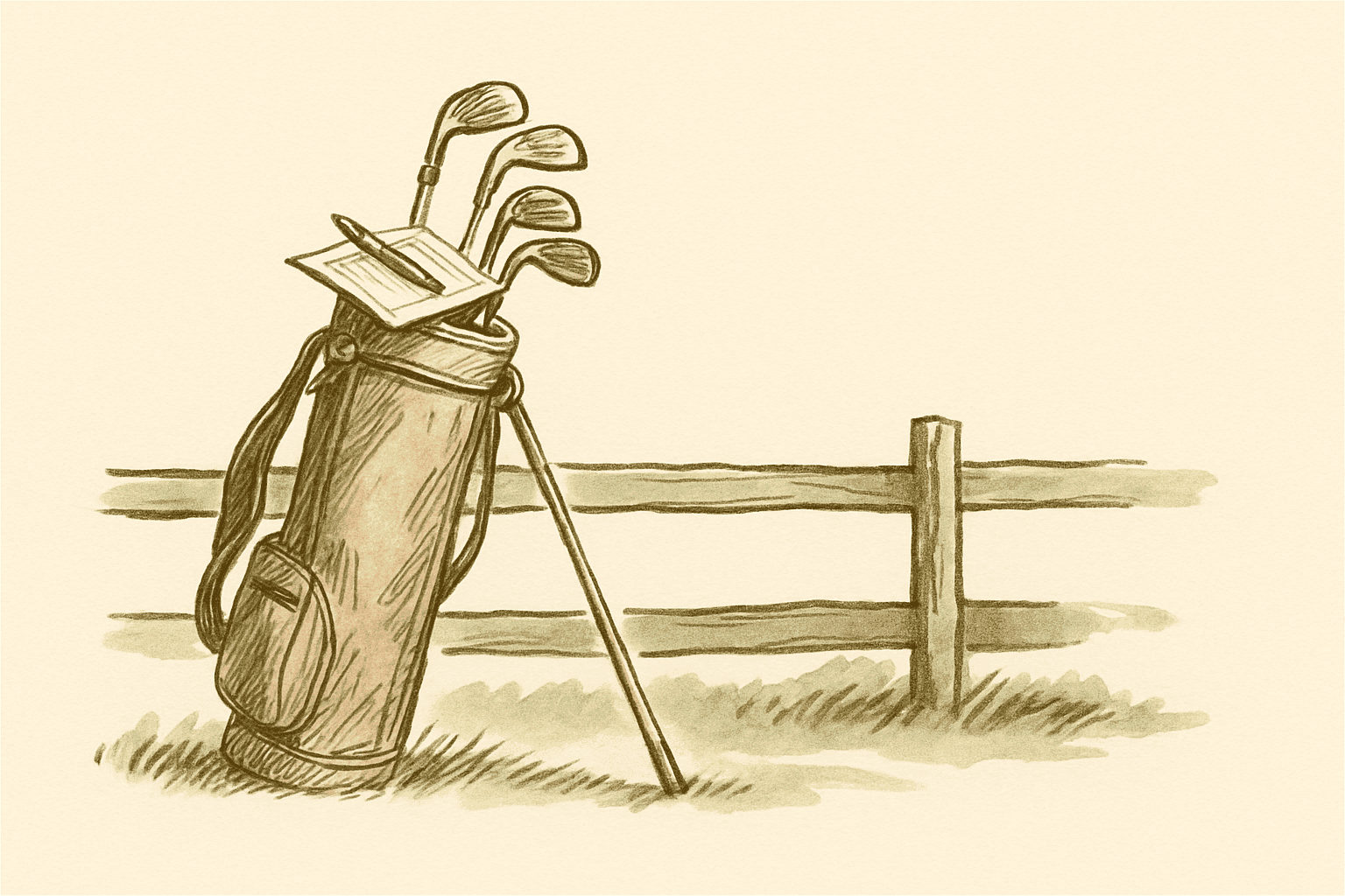 An old leather golf bag with hickory clubs and a paper scorecard
