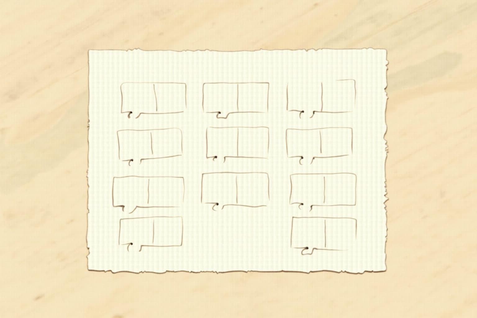 Twenty miniature paper scorecards laid out in a 4-by-5 grid, eight of them lightly outlined