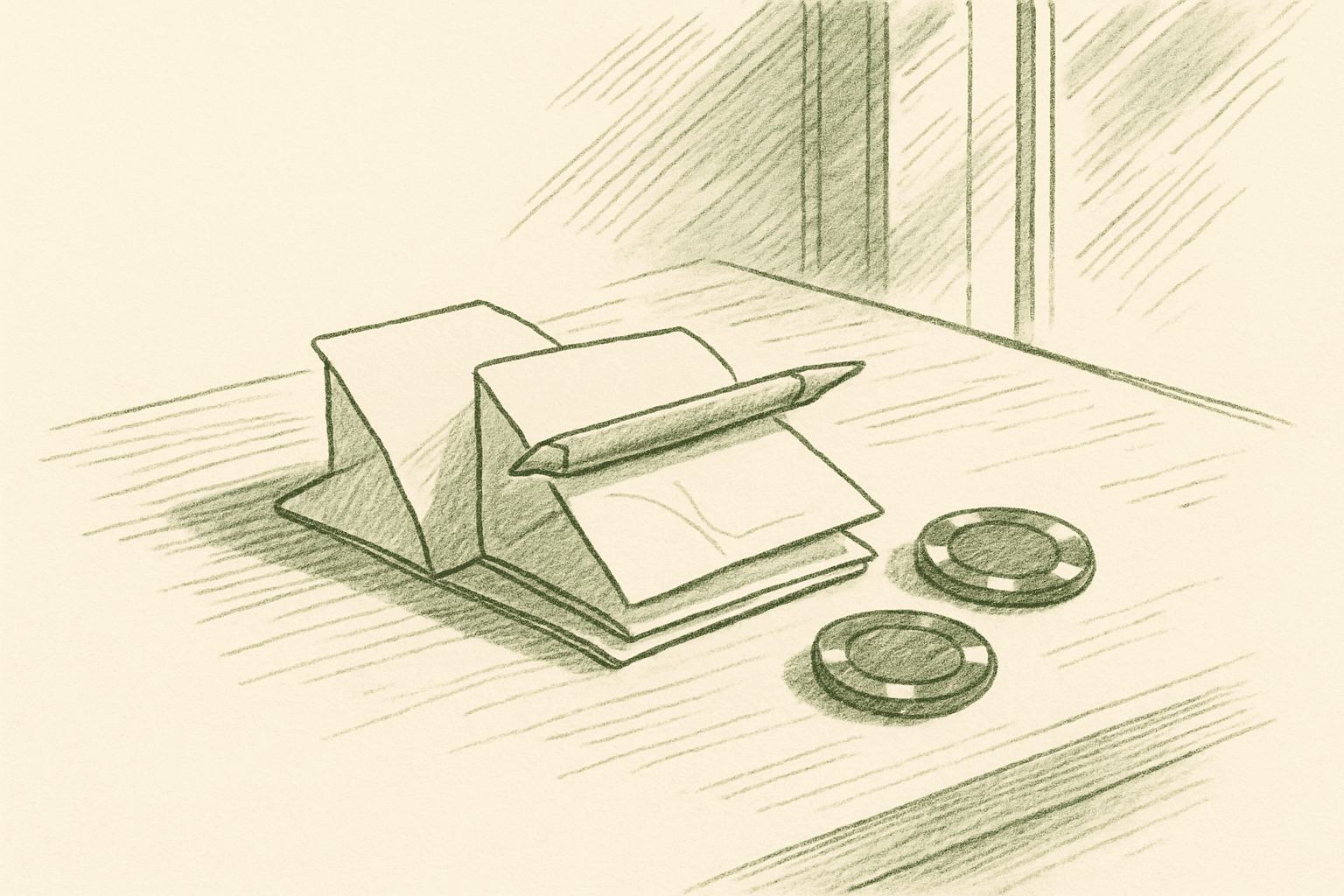 Three small folded scorecards stacked on a bar table beside a short golf pencil and two poker chips