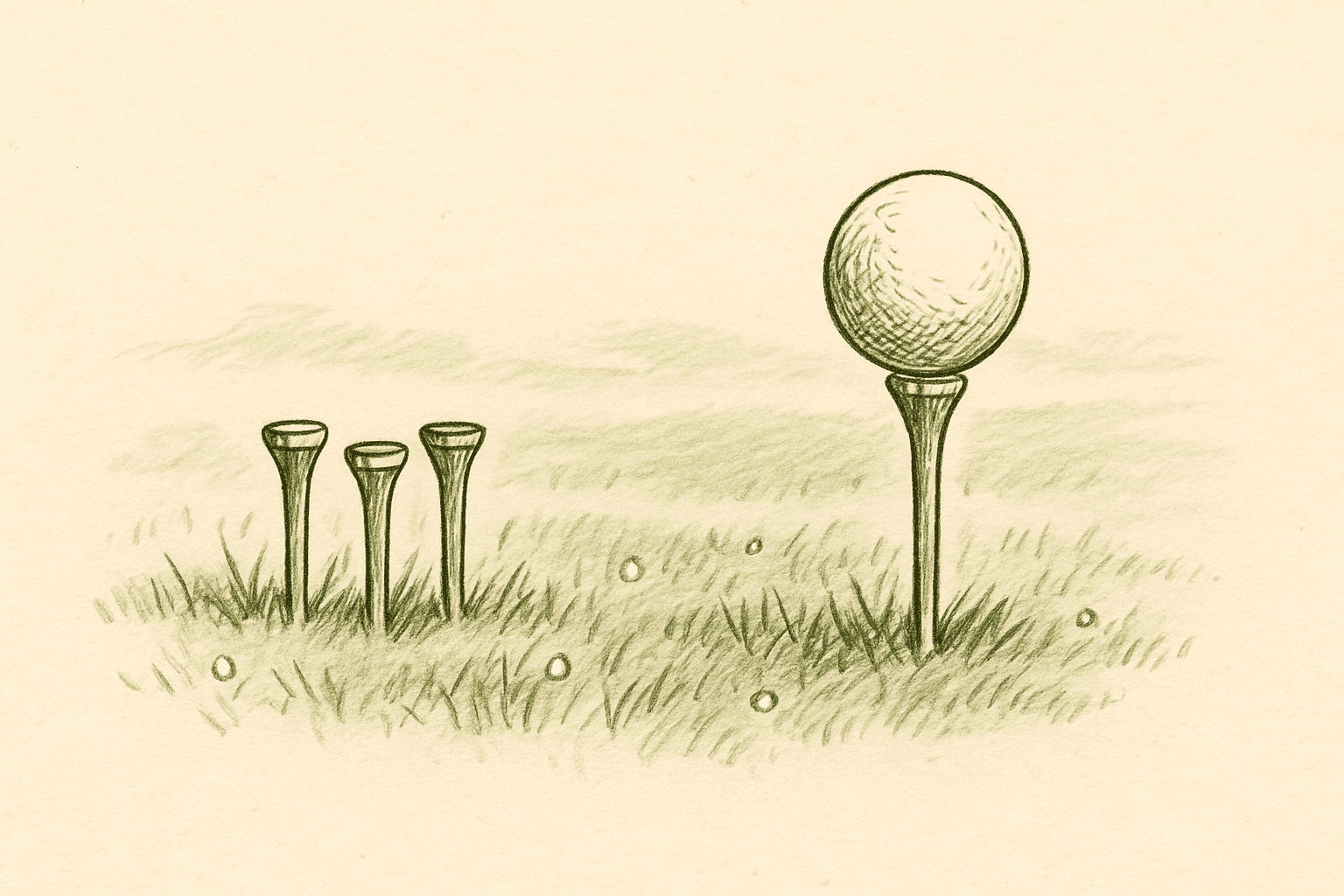 Four wooden tees standing in dewy grass, three clustered together and one set slightly apart with a ball balanced on it