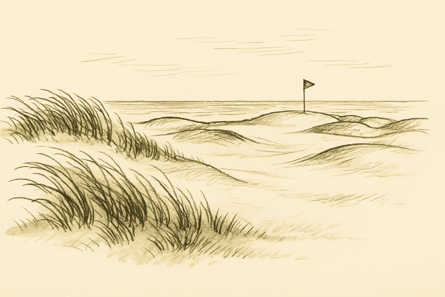 Windswept seaside dunes with a small flag in the distance