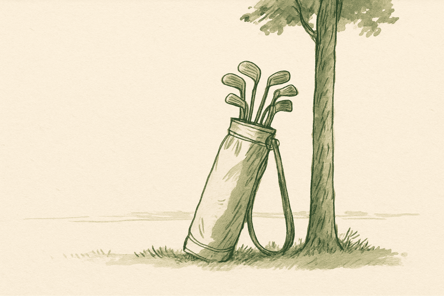 Seven golf clubs in a Sunday bag leaning against a tree