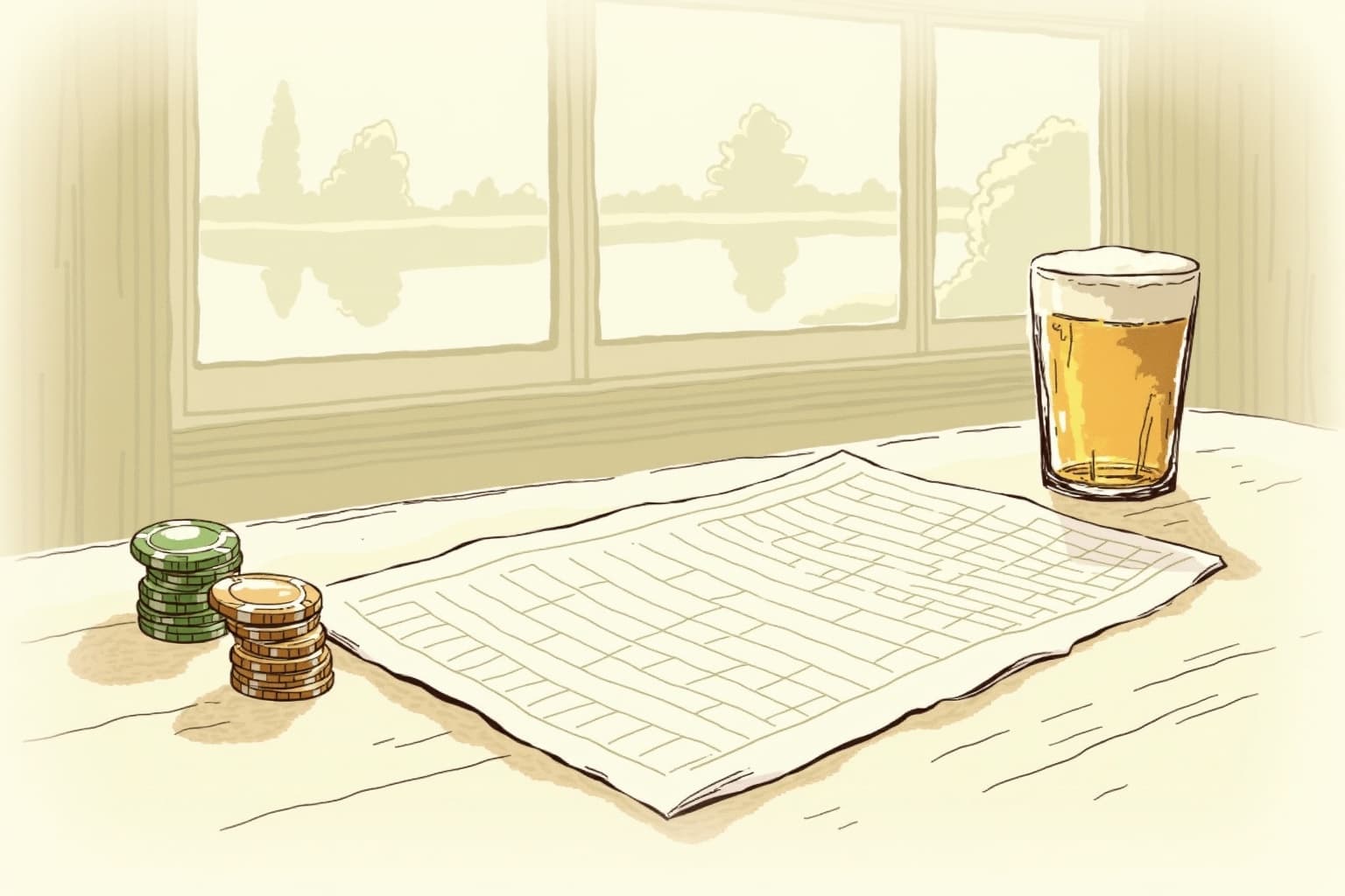 A folded paper scorecard on a club bar table next to poker chips and a pint glass