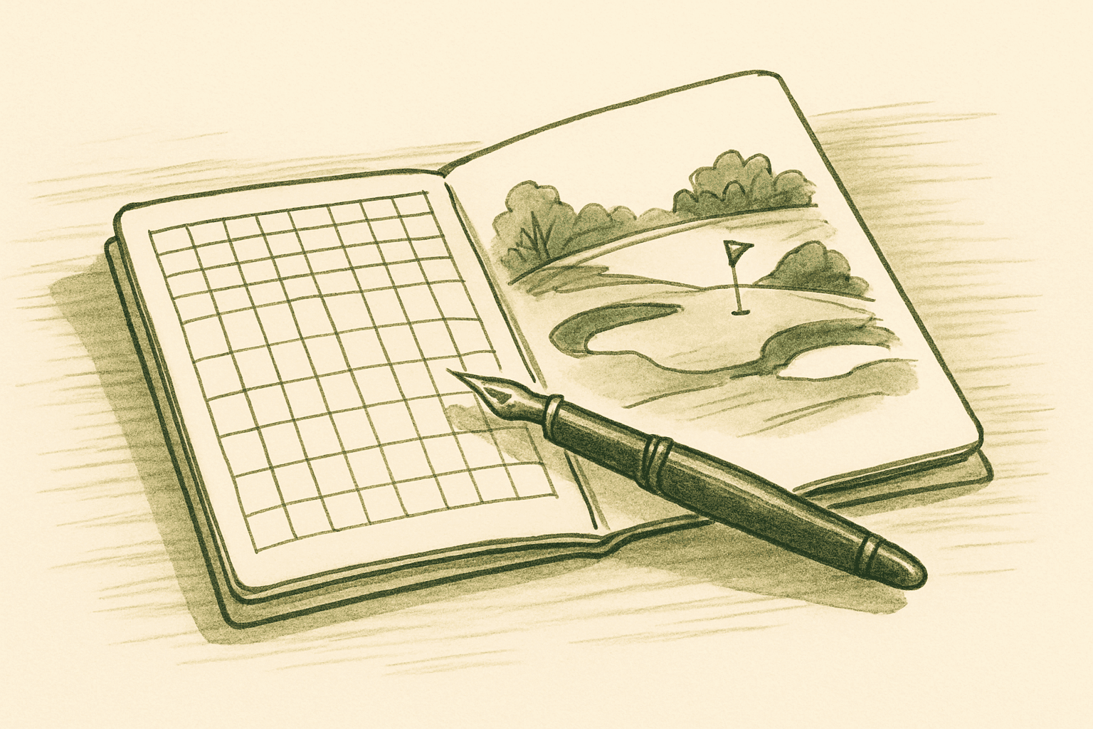 A folder of paper scorecards on a wooden desk