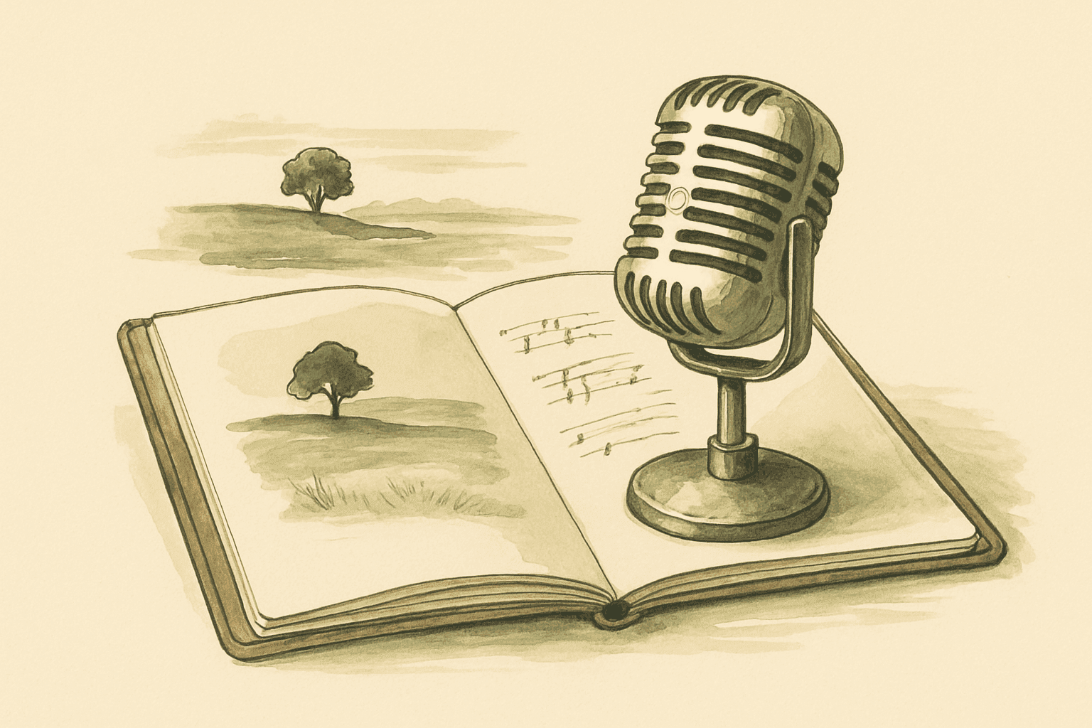 A vintage microphone resting on a leather-bound journal