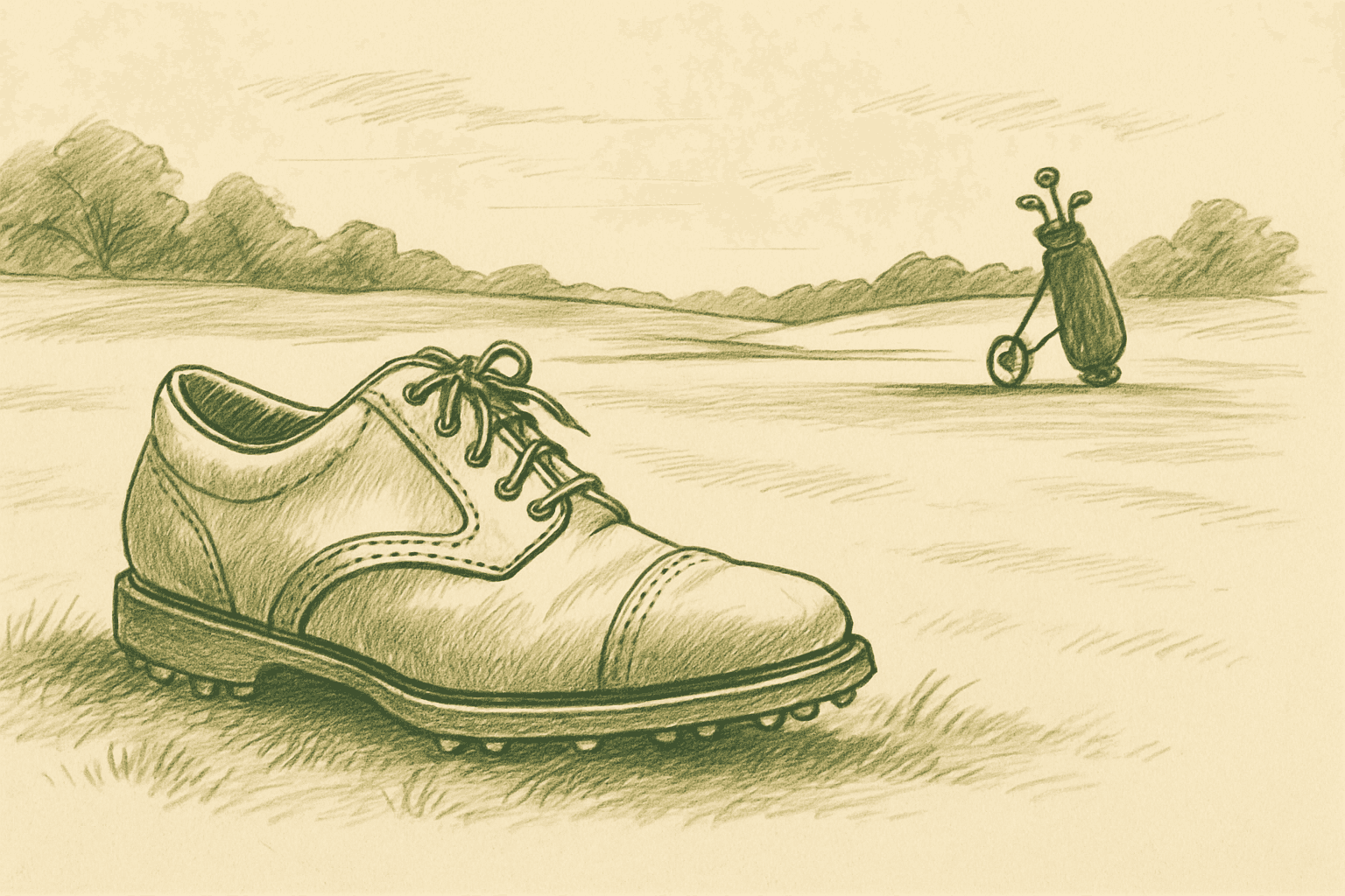 A pair of golf shoes on a fairway with a push cart in the distance