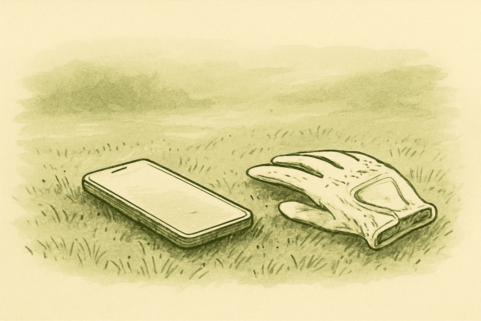 A phone face-down on grass with a golf glove beside it