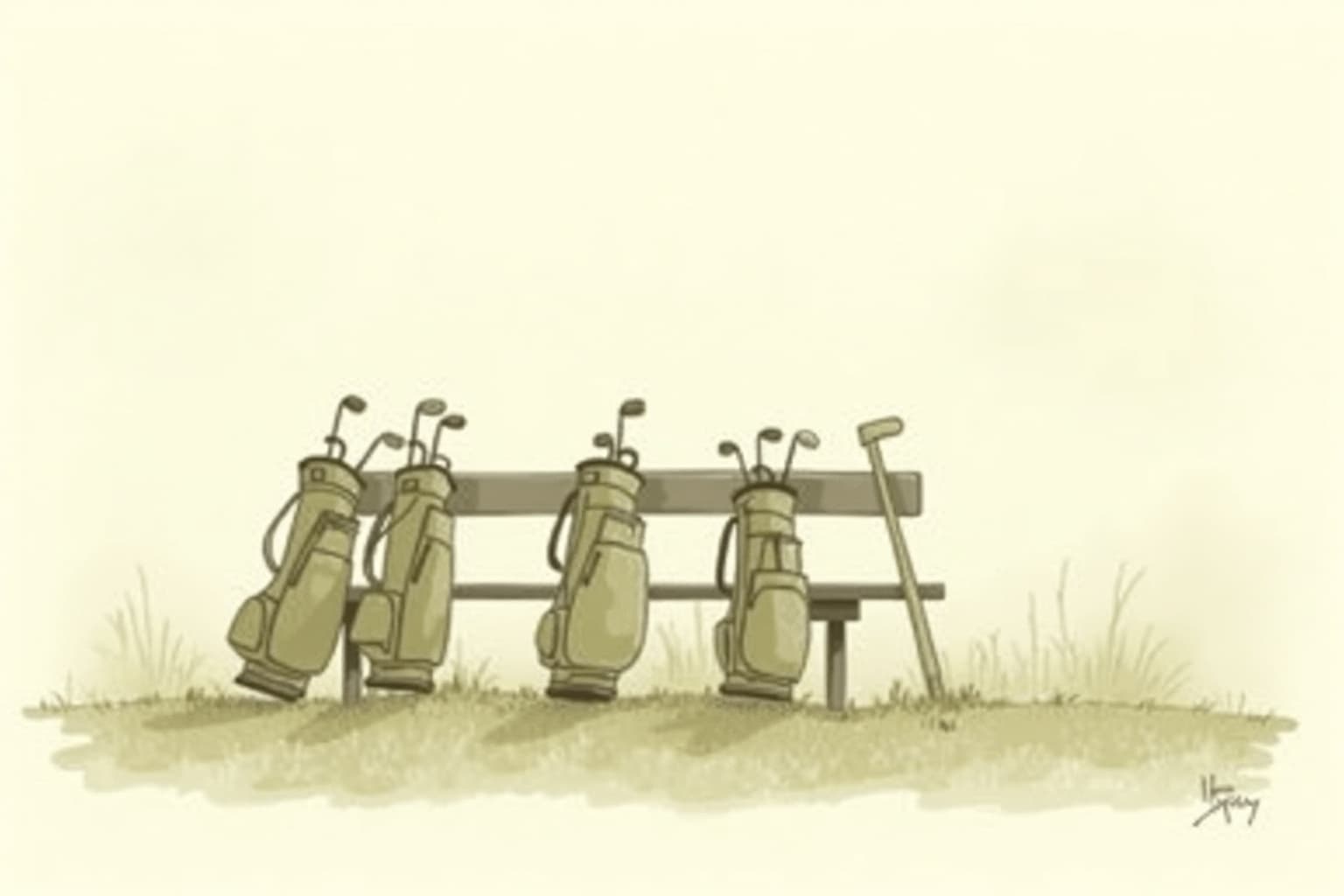 Four golf bags leaning against a wooden bench, one standing slightly apart