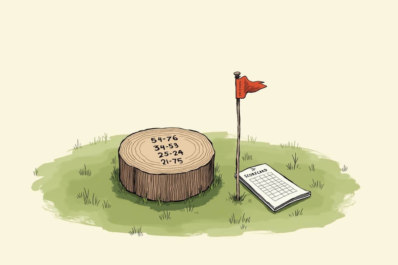A wooden tee marker with rating numbers engraved on it