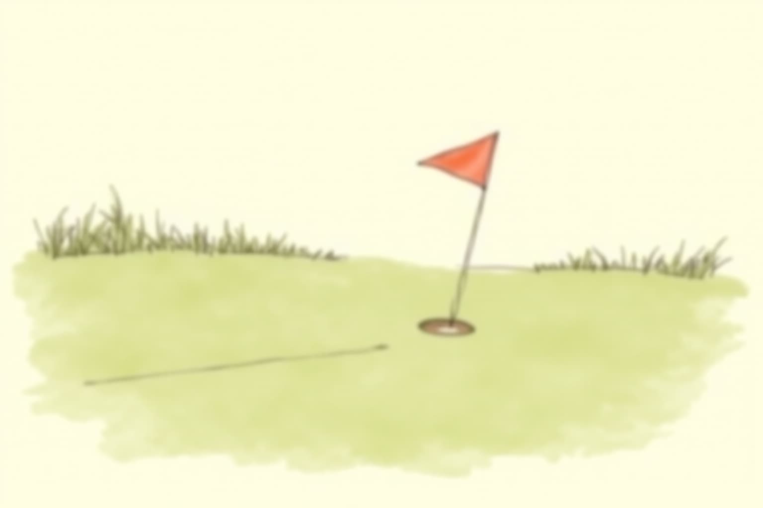 A single golf flag on a green with a notation line drawn in the grass beside it