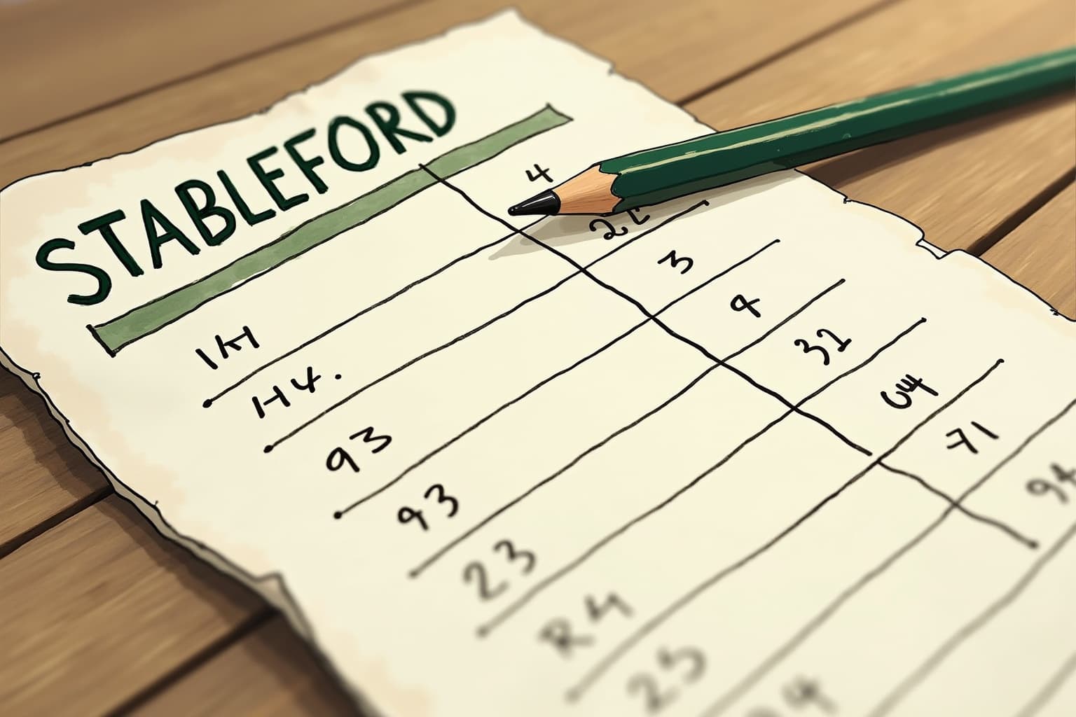 A paper Stableford scorecard with pencil tally marks