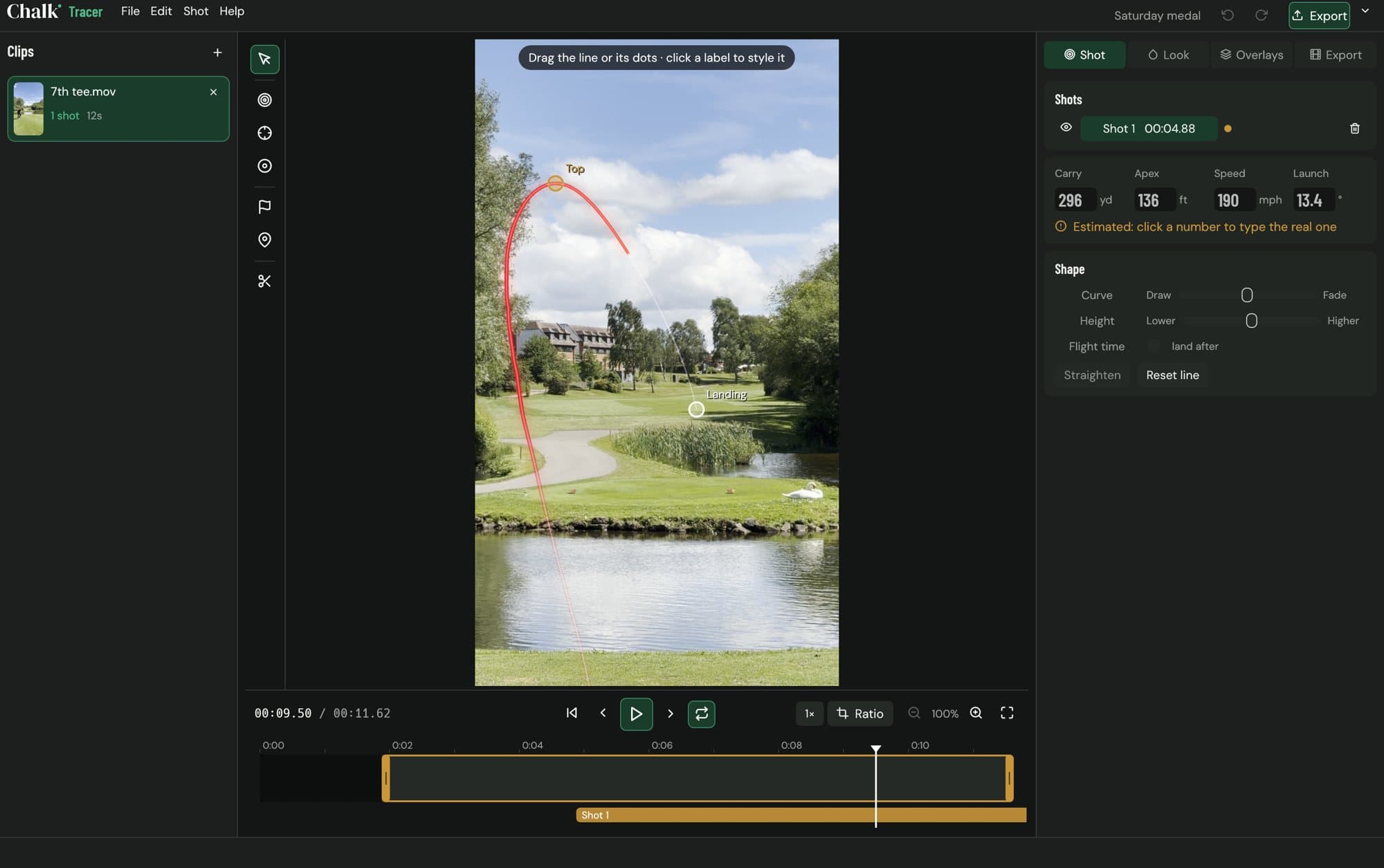 Chalk Tracer on a Mac: a tee shot over water with a red tracer line, the shot's carry, apex, speed and launch, and curve and height controls