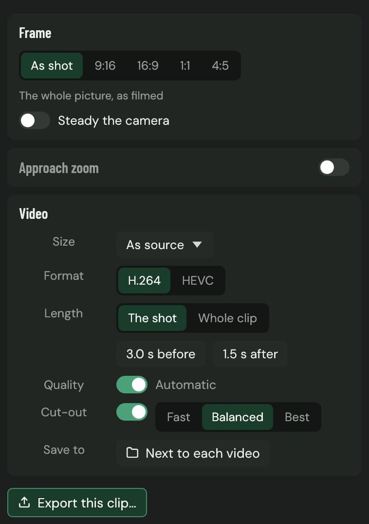 The Export tab in Chalk Tracer with frame ratios, steady camera, approach zoom, format, length and cut-out options