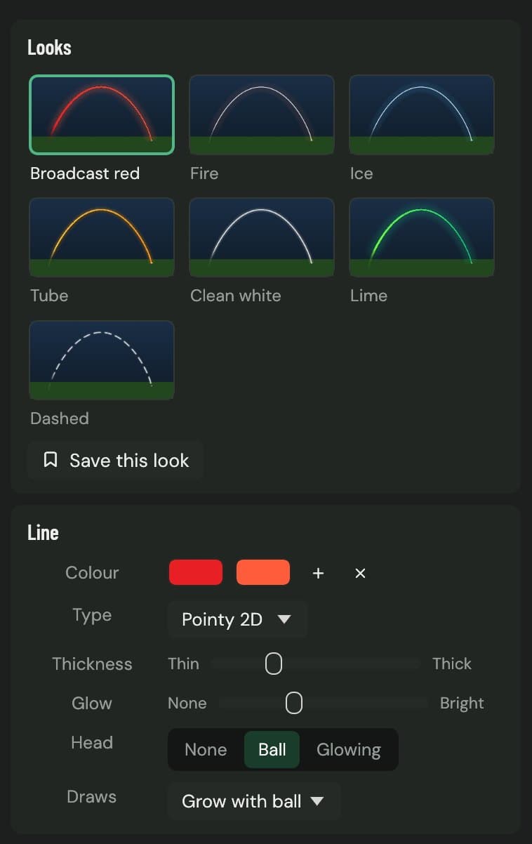 The Look tab in Chalk Tracer with seven tracer styles and line colour, thickness, glow and head settings