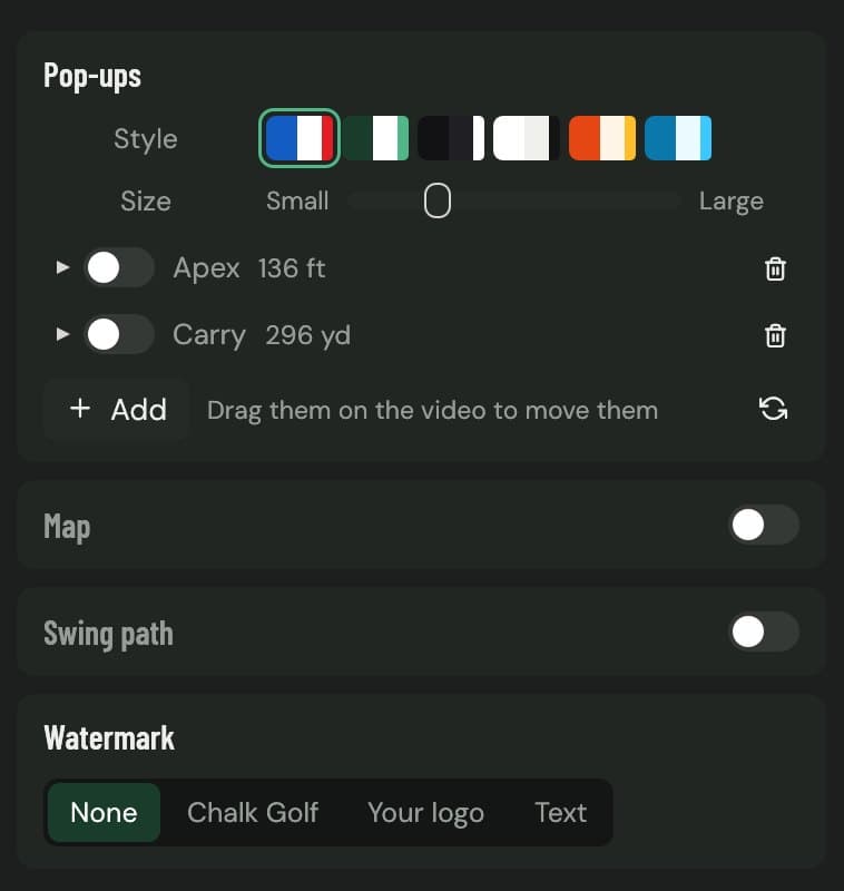 The Overlays tab in Chalk Tracer with pop-up label styles for apex and carry, a map, swing path and watermark options